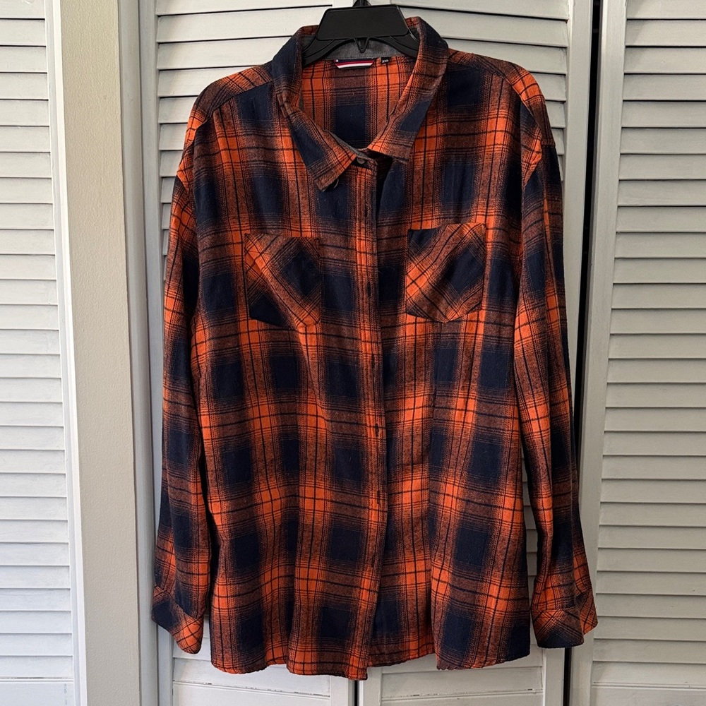 Stylish Orange and Black Plaid Button Down Shirt